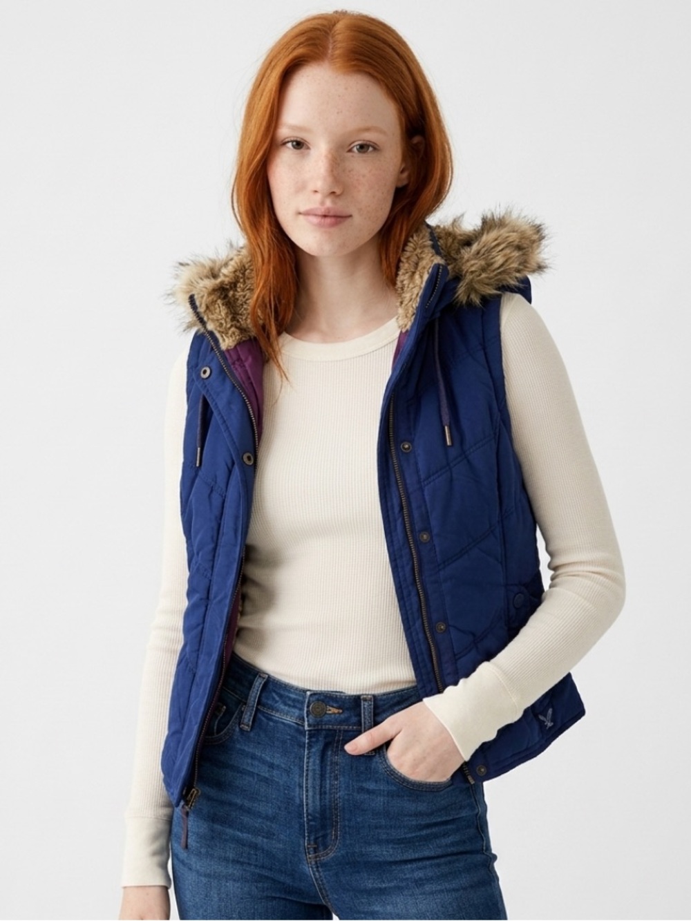 American Eagle Outfitters Blue & Purple Vest With Faux Fur Lined Hood